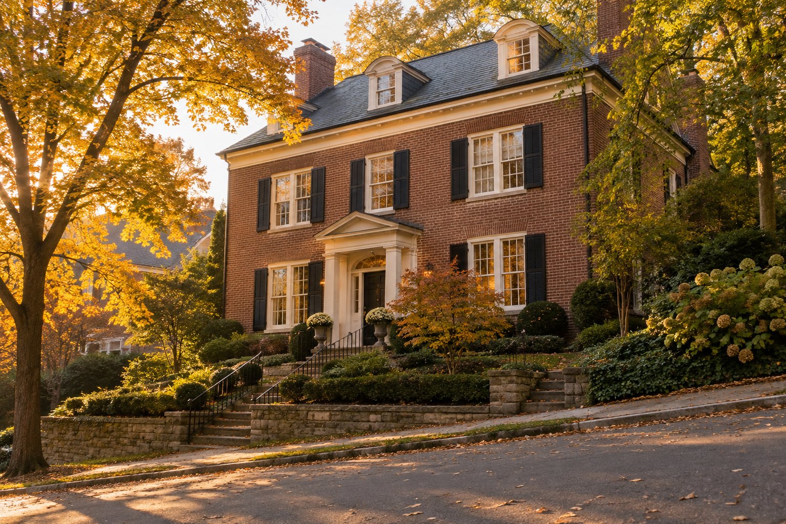 A brick Georgian home with autumn trees on a Pittsburgh hillside street, illustrative